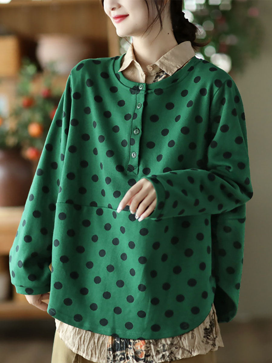 Vintage Dot Long Sleeve Pullover Casual Women T-Shirt
