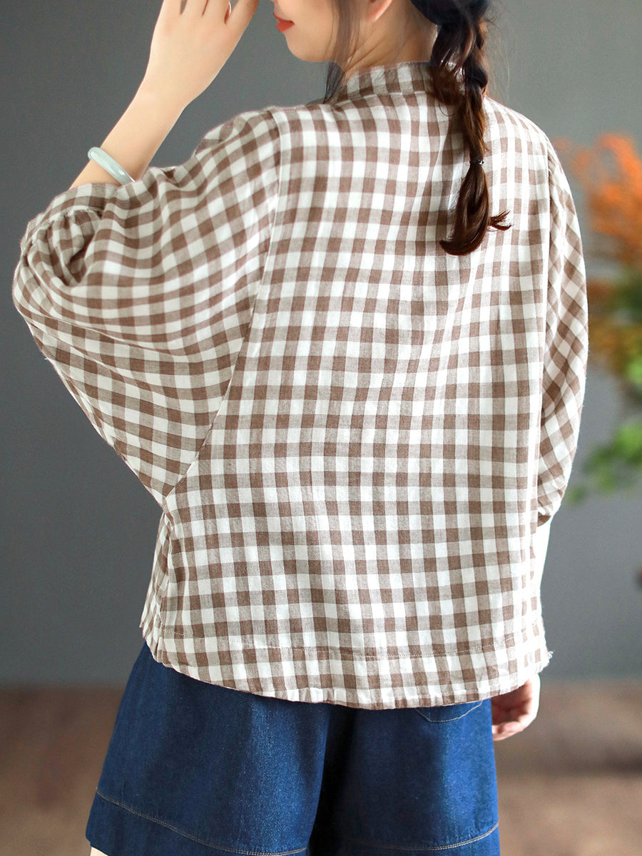 Retro Plaid Button Batwing Sleeve Cotton Shirt