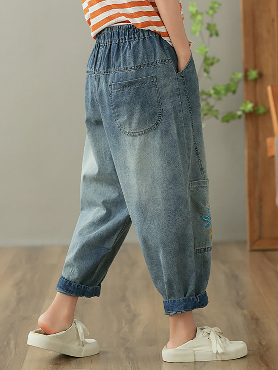 Casual Vintage Flower Embroidery Denim Harem Pants