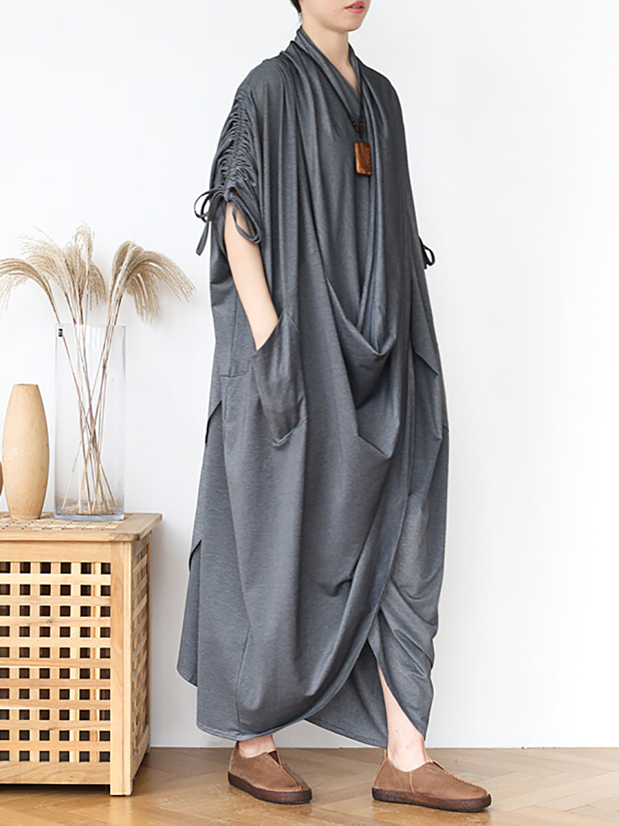 Vintage Solid Pleated Irregular Long Dress Summer