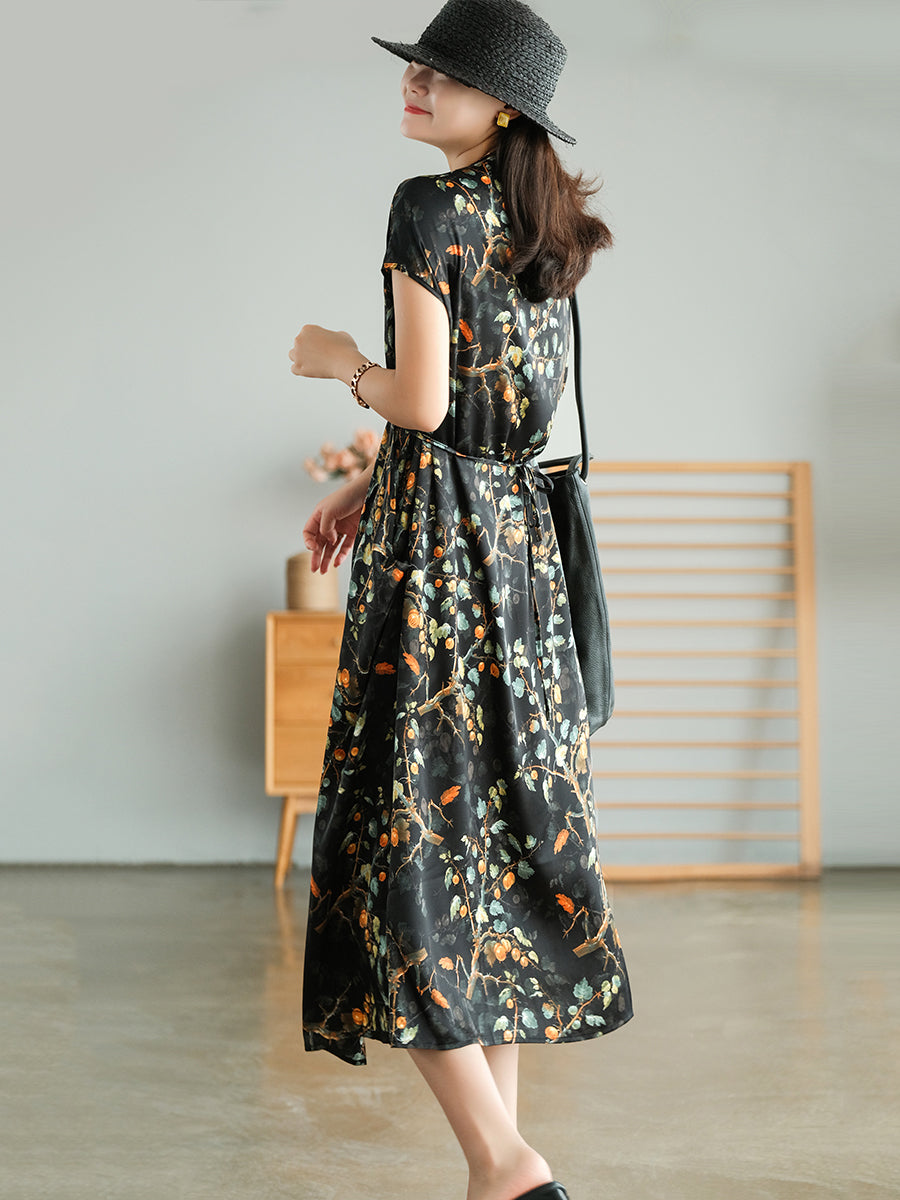 Vintage Floral Drawstring V-Neck Loose Dress