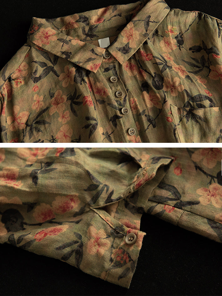 Vintage Printed Linen Shirt Turn-down Collar Top