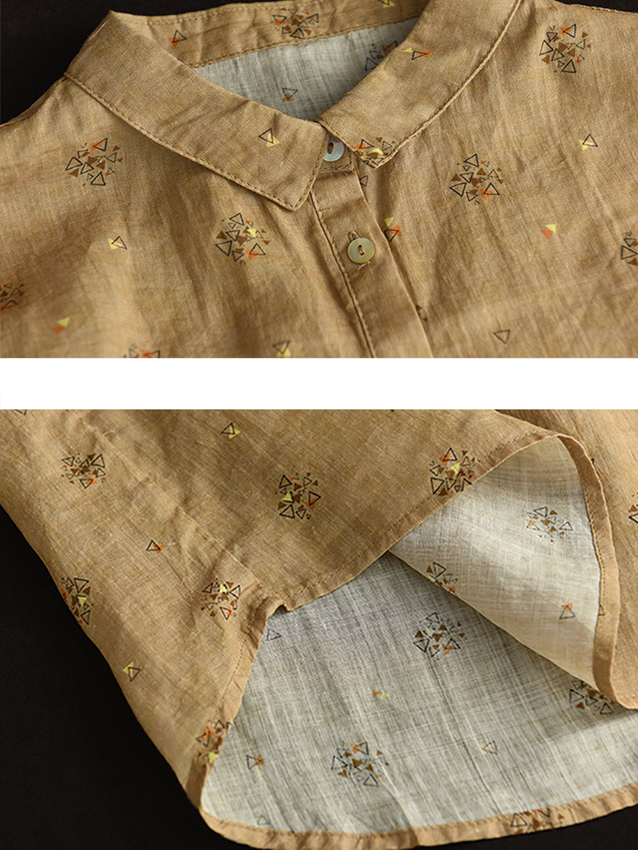 Women Summer Vintage Geometric Print Button Linen Shirt