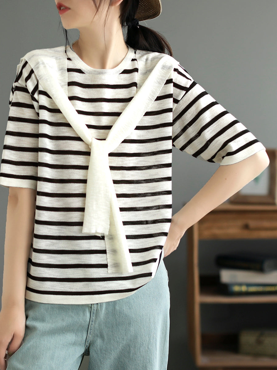 Women Summer Stripe Casual Fake Two Pieces Shirt