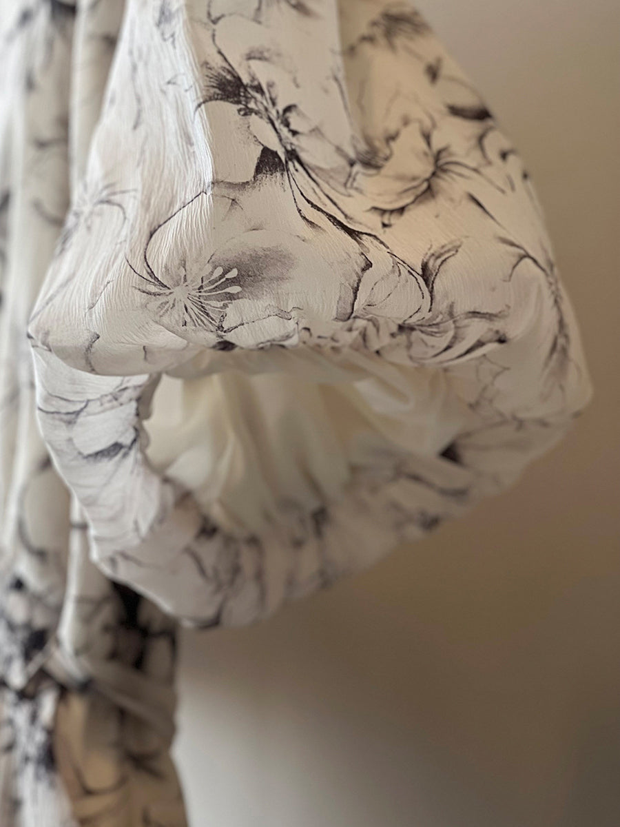 Vintage Floral V-Neck Puff Sleeve Loose Dress