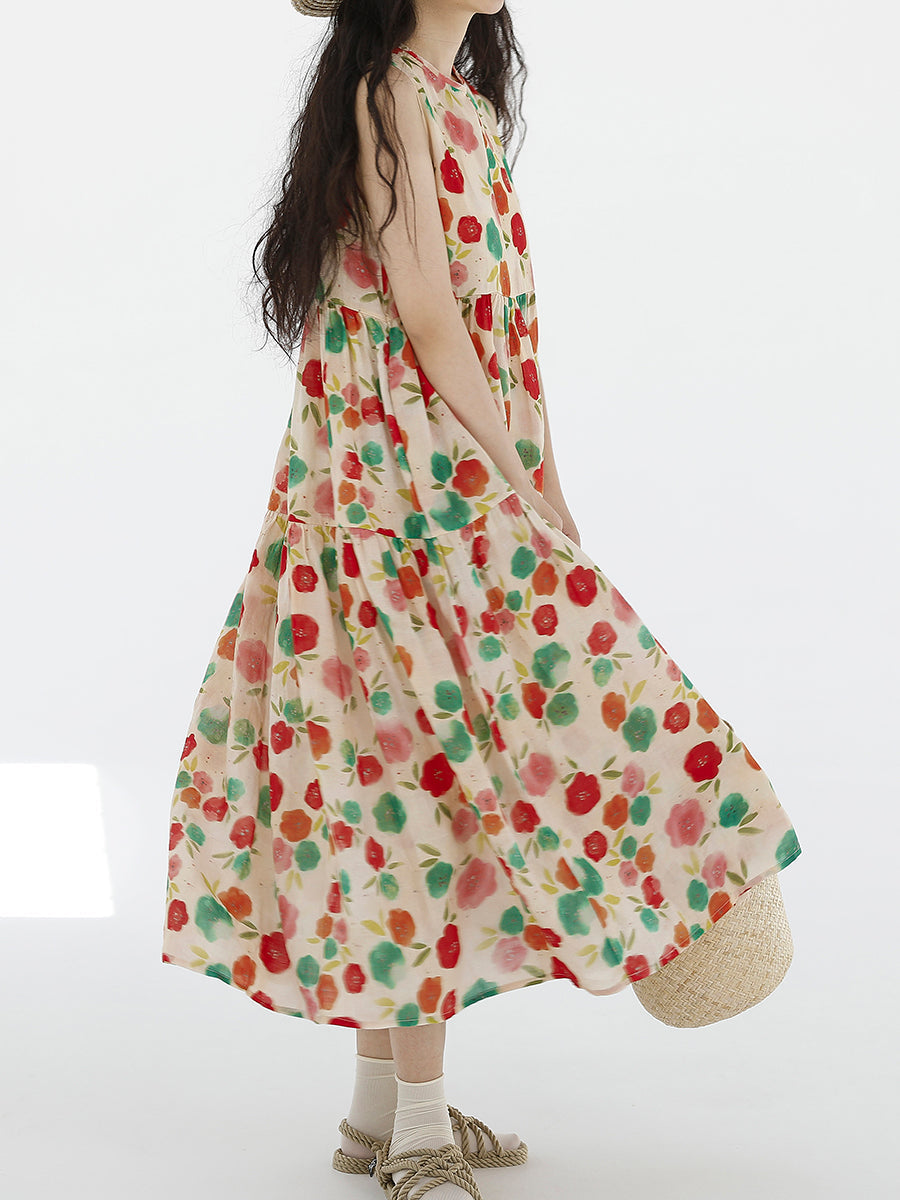 Cute O-Neck Flower Spliced Pleated Vest Dress