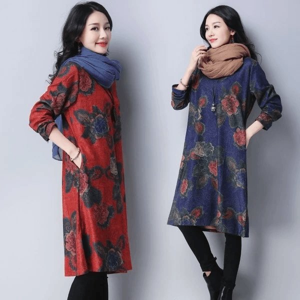 long sleeve woolen plus size vintage floral women casual loose midi autumn winter dress - Omychic