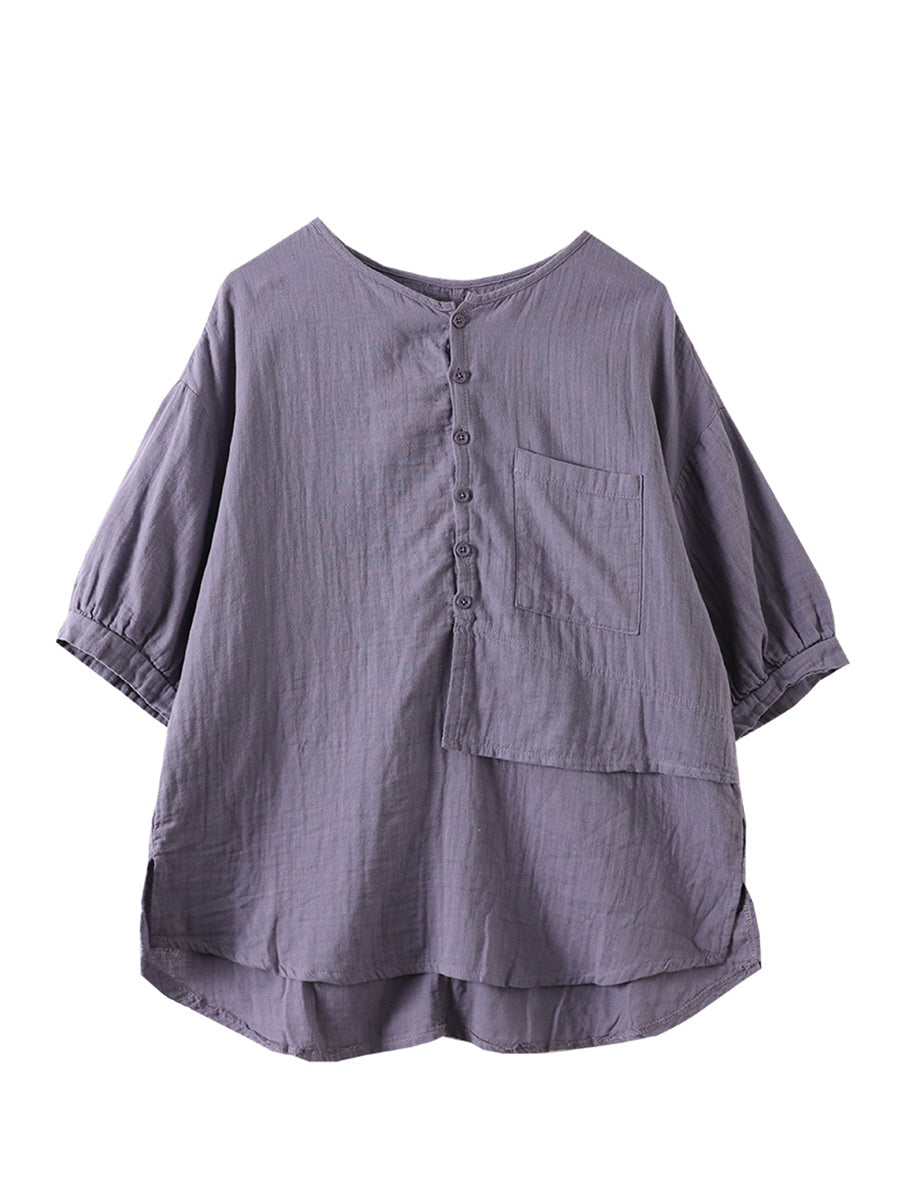 Women Summer Solid Vintage Pocket Spliced Loose Shirt