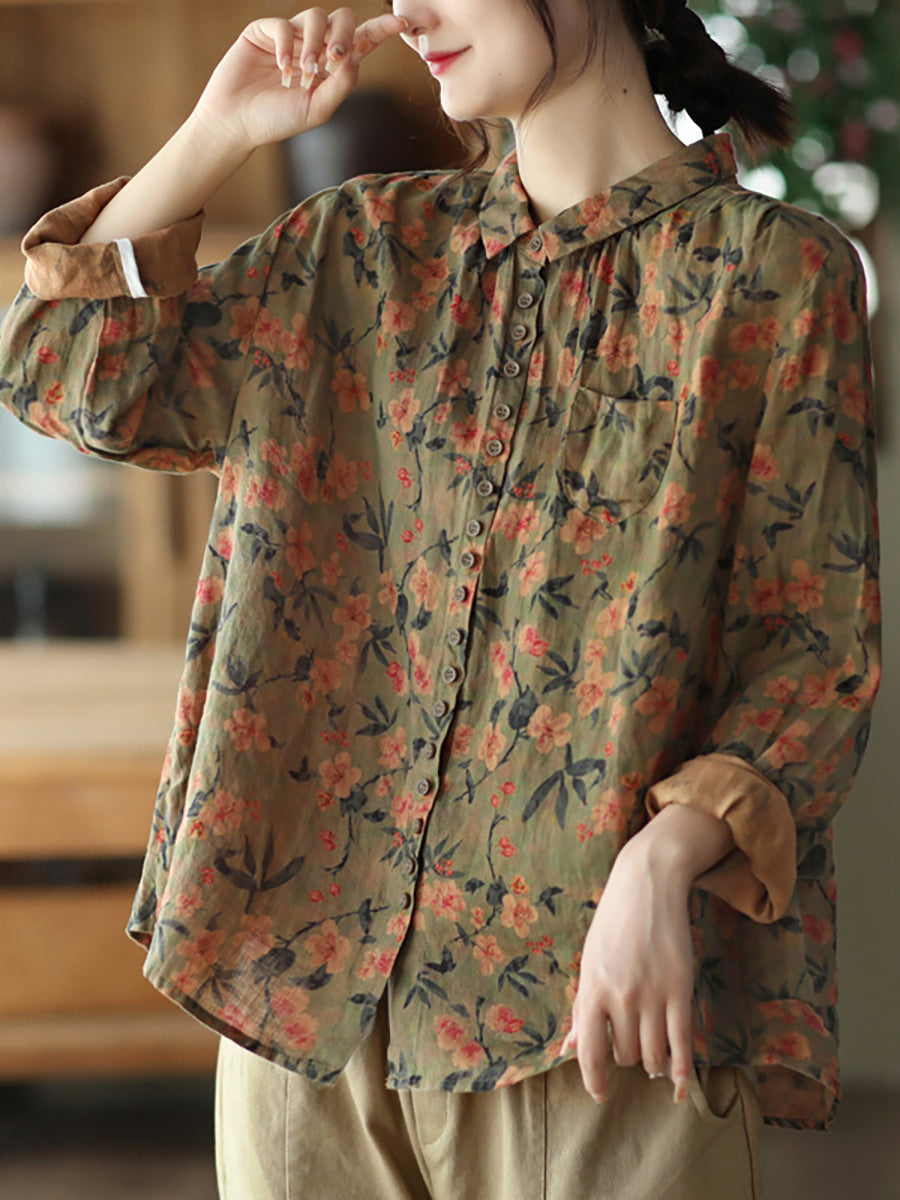 Vintage Printed Linen Shirt Turn-down Collar Top