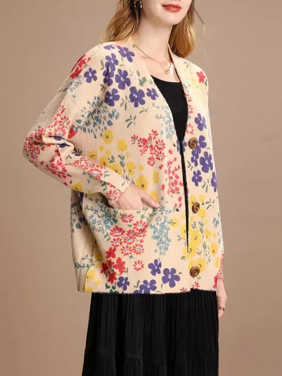 Women Casual Flower V-Neck Winter Cardigan Sweater