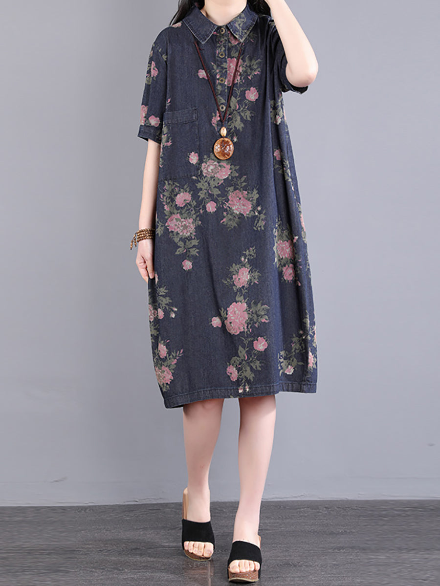 Vintage Flower Print Pocket Loose Button Denim Dress