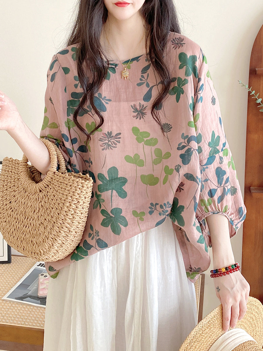 Women Summer Artsy Flower Loose O-Neck Shirt