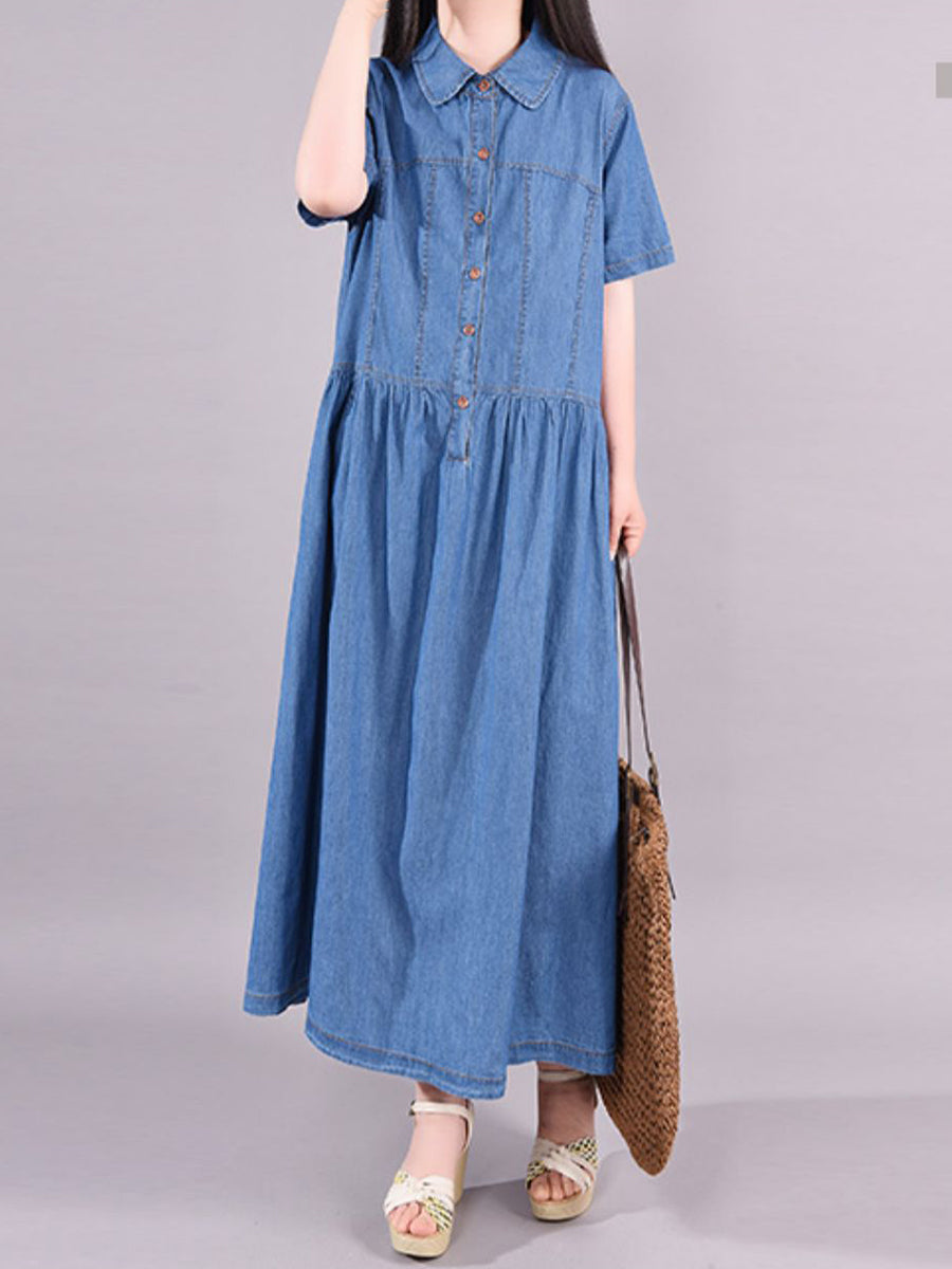 Women Retro Solid Pleated Polo Collar Denim Dress