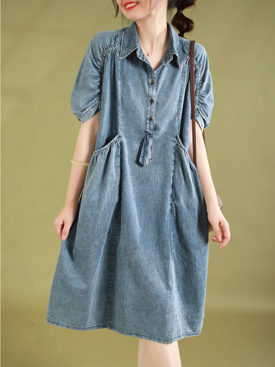 Women Summer Retro Pocket Stitching Button Denim Dress