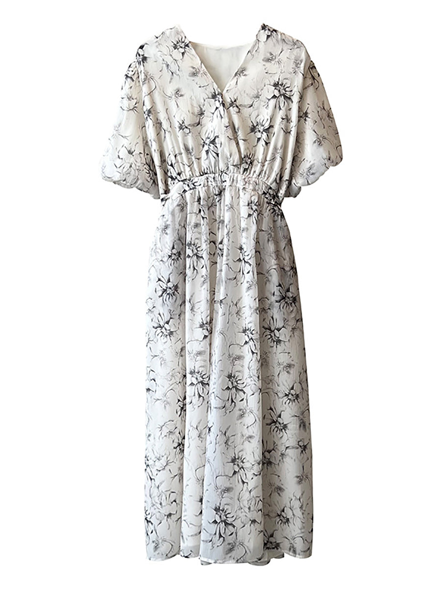 Vintage Floral V-Neck Puff Sleeve Loose Dress
