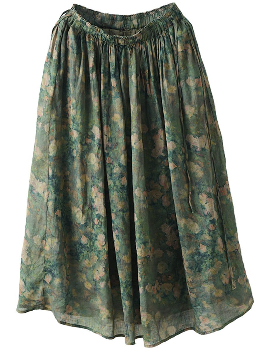 Casual Summer Artsy Floral Drawstring Loose Ramie Skirt