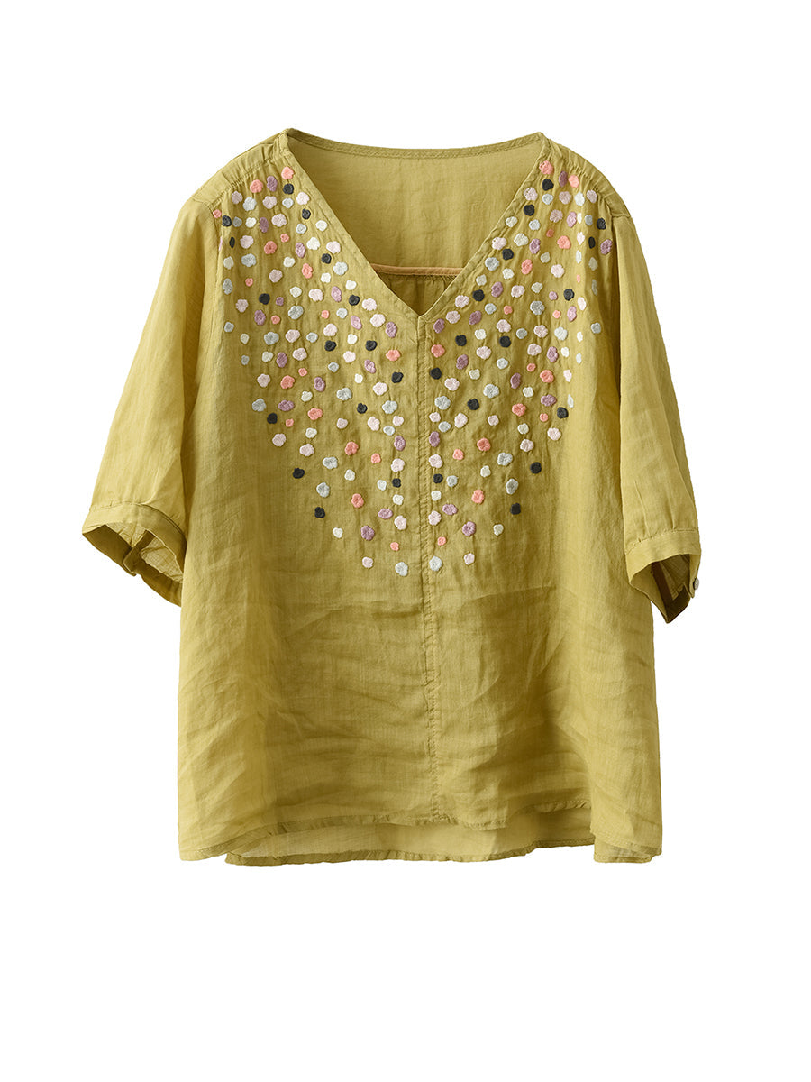 Women Summer Flower Embroidery V-Neck Ramie Tops