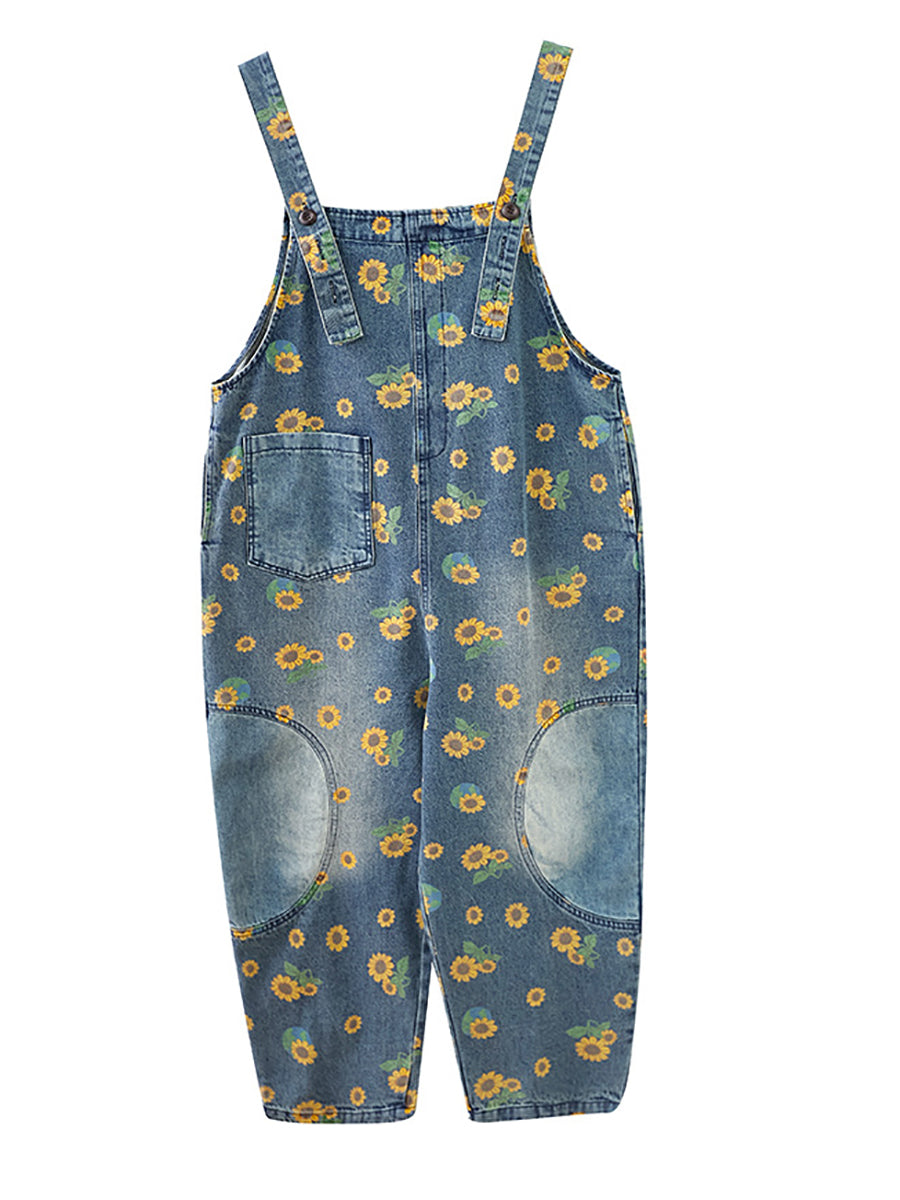 Vintage Sunflower Worn Pocket Denim Jumpsuits Summer