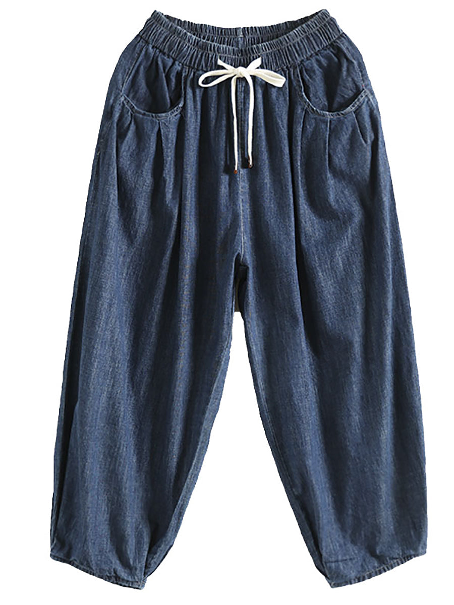 Summer Solid Washed Drawstring Pocket Denim Pants