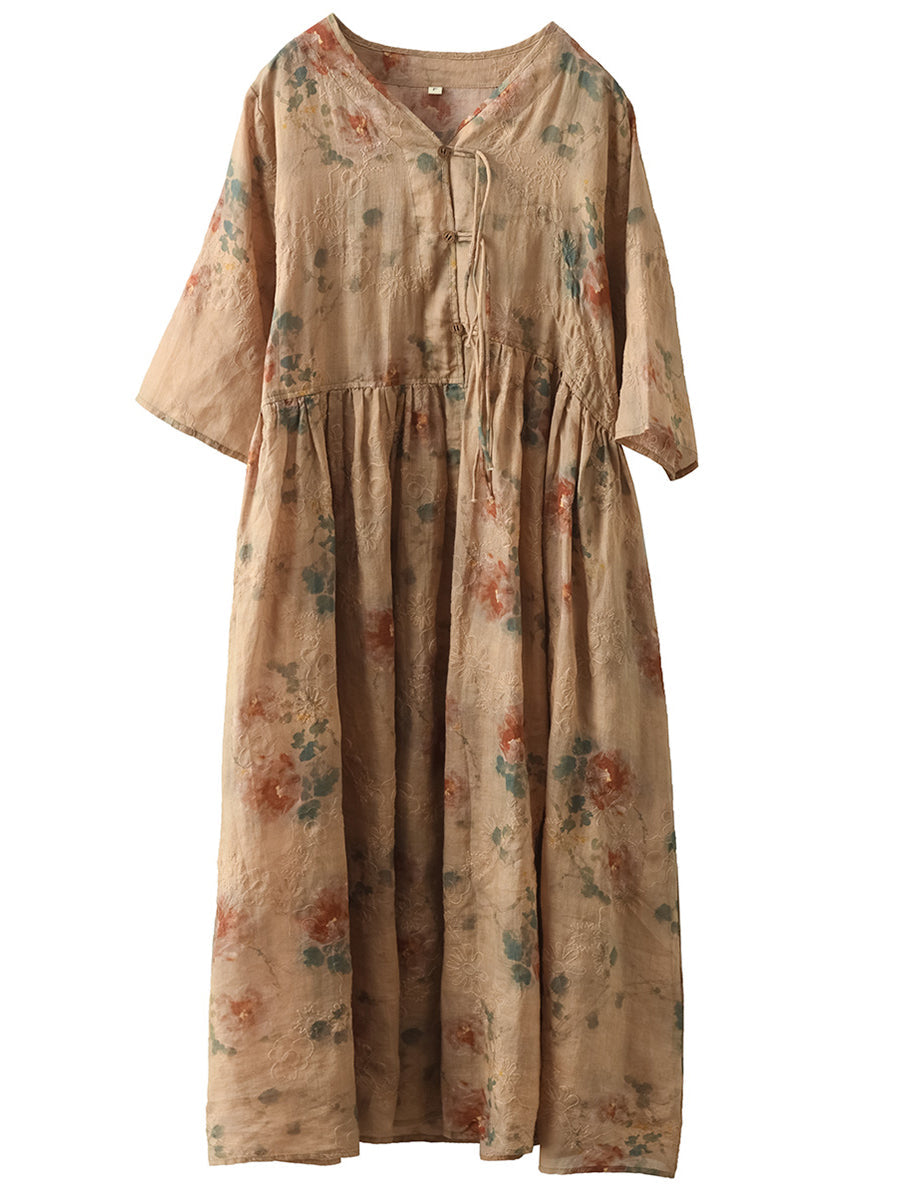 Flower Print National Drawstring Pleated Ramie Dress