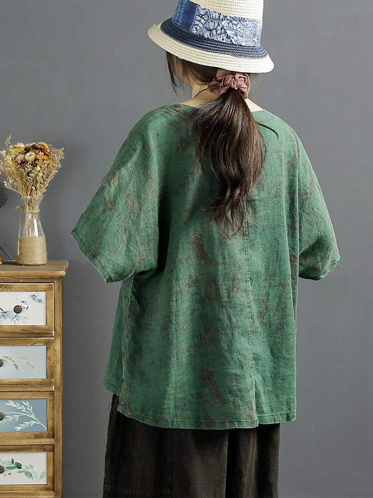 Summer Rrtro Floral Button Loose Linen Shirt