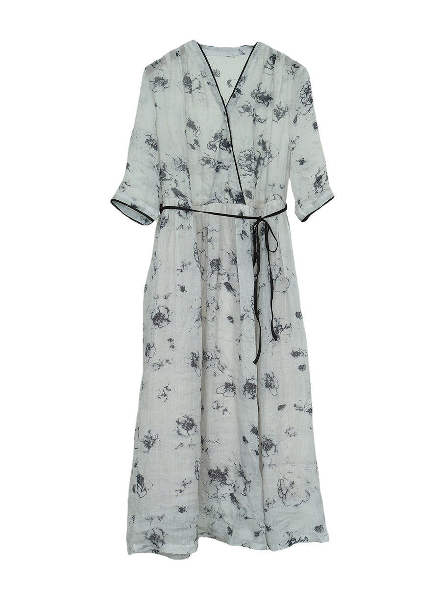 Women Summer National Ink Print Flower V-Neck Ramie Dress