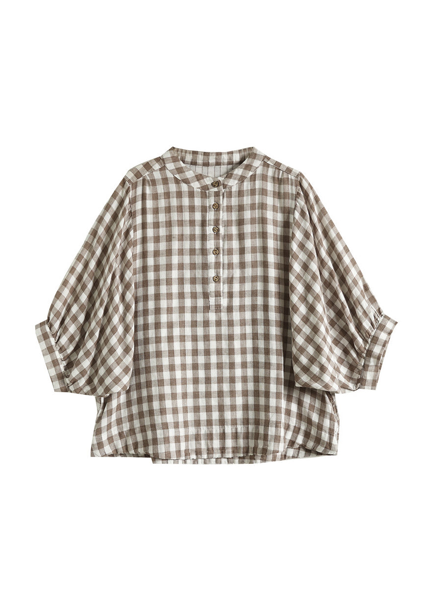 Retro Plaid Button Batwing Sleeve Cotton Shirt
