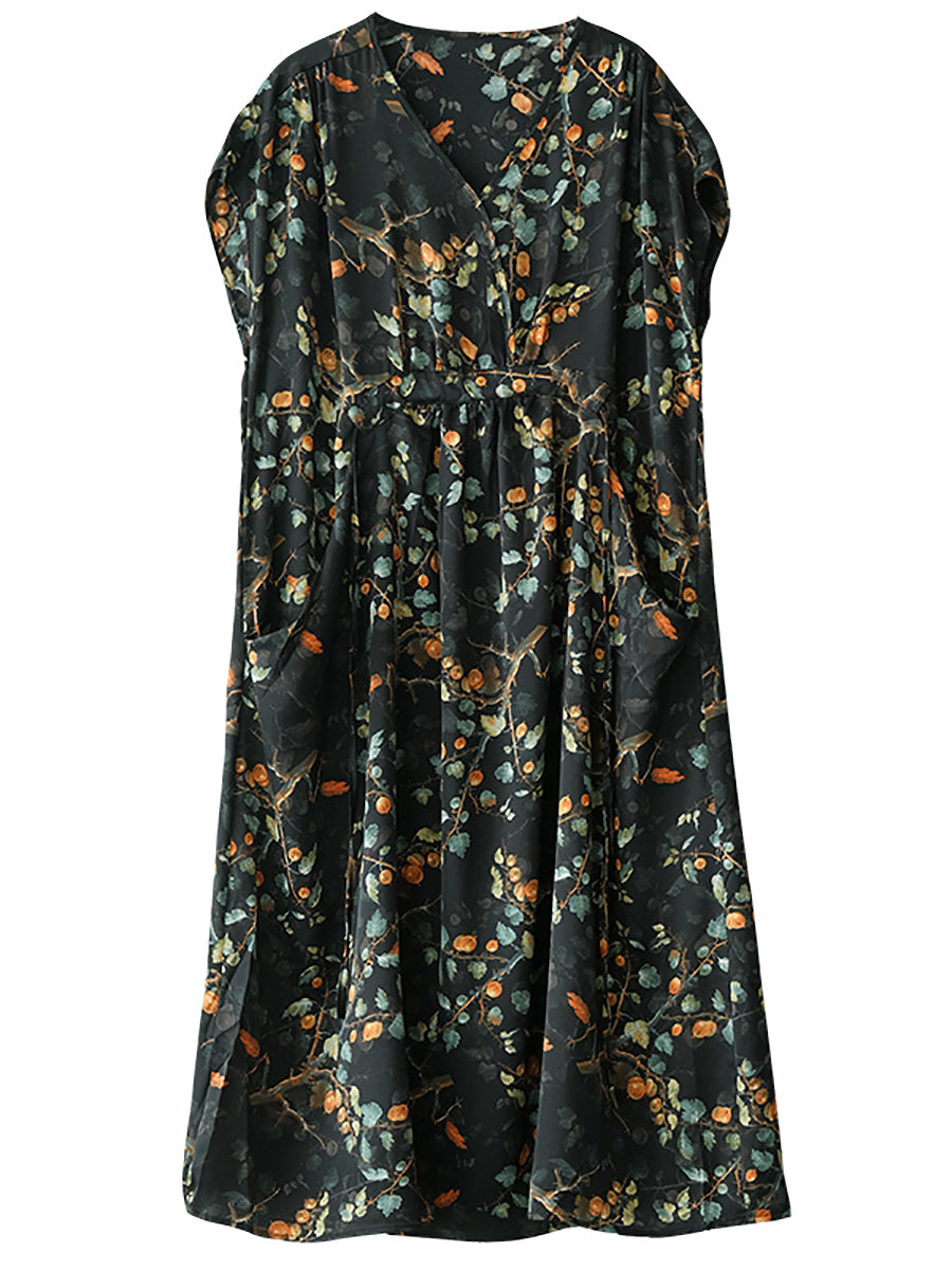 Vintage Floral Drawstring V-Neck Loose Dress