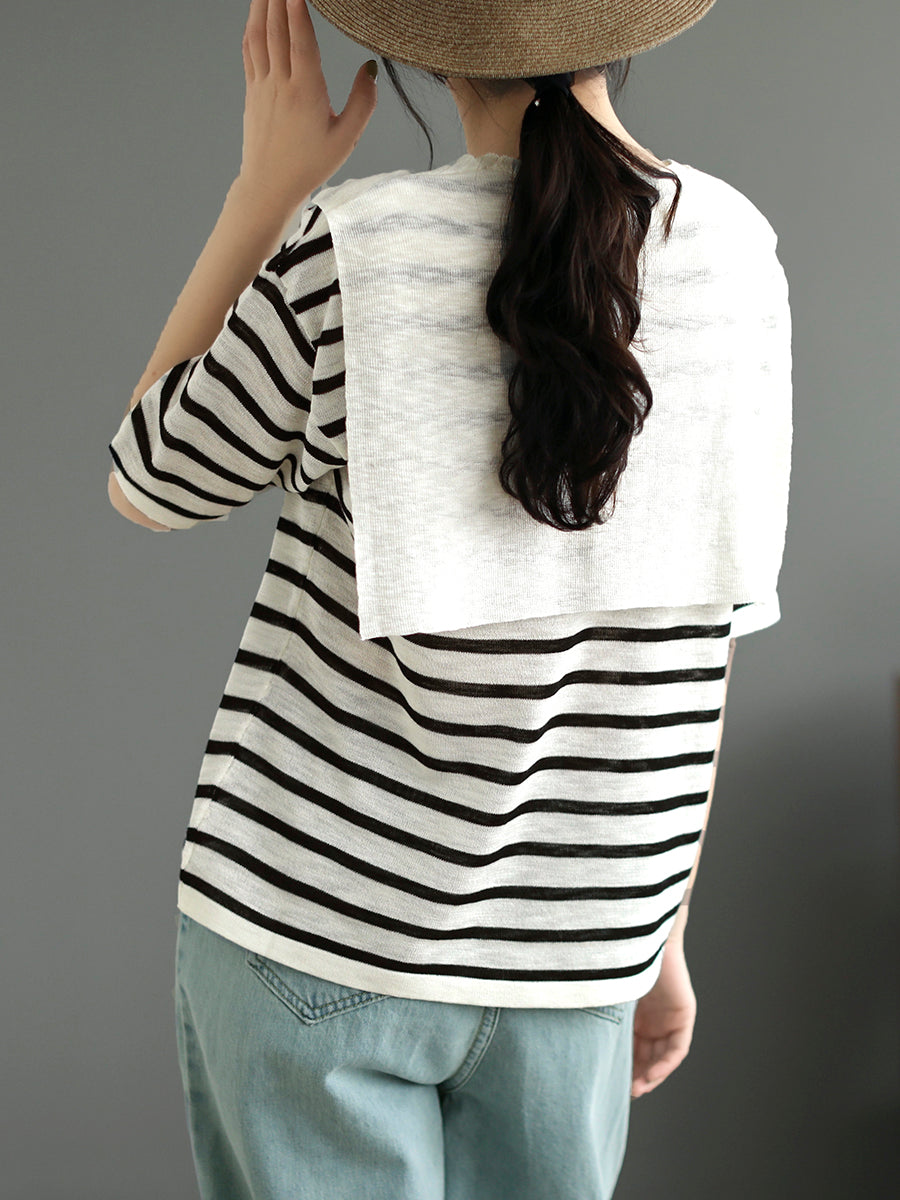 Women Summer Stripe Casual Fake Two Pieces Shirt