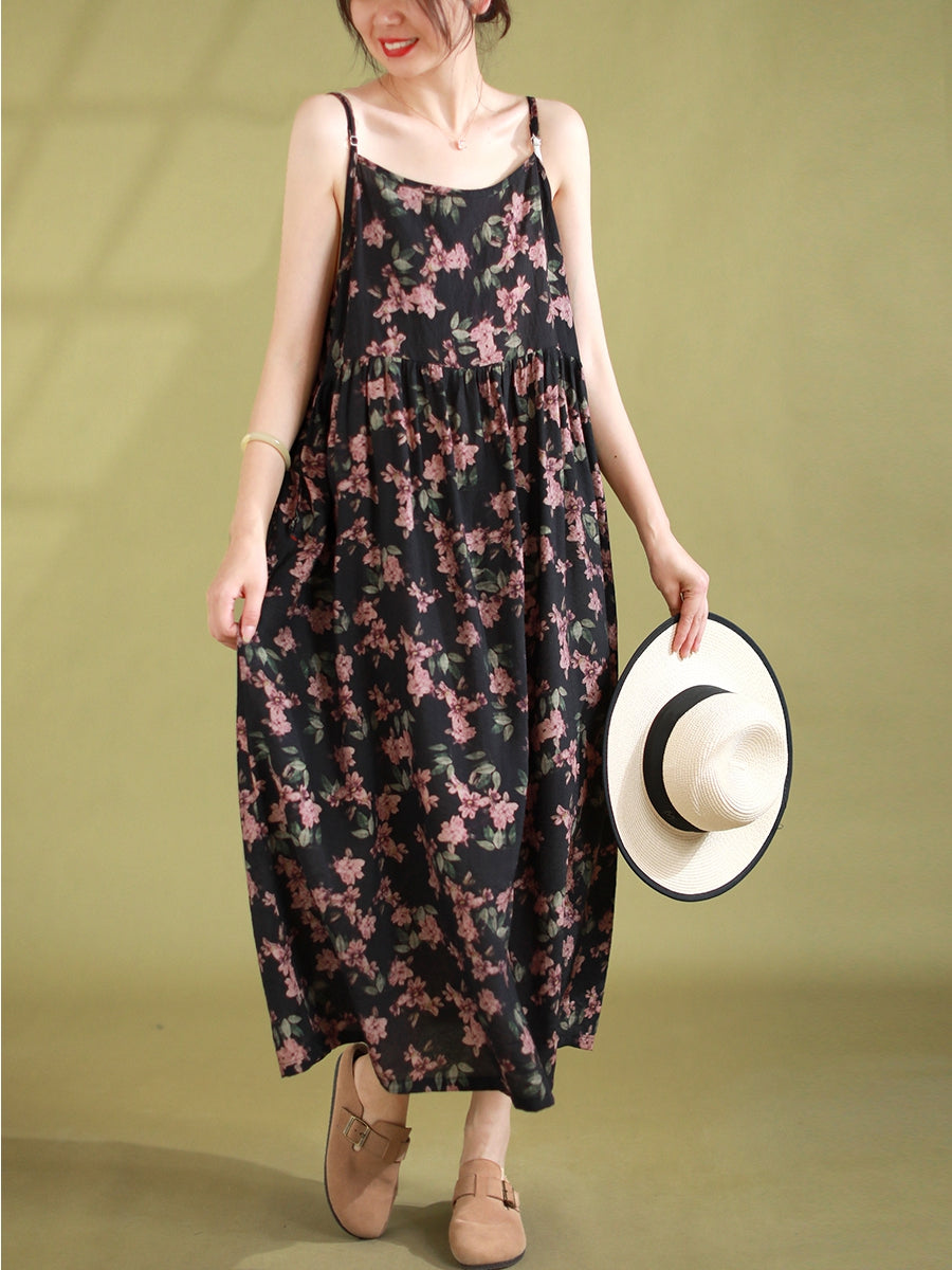 Women Summer Vintage Floral Pleated Loose Vest Dress
