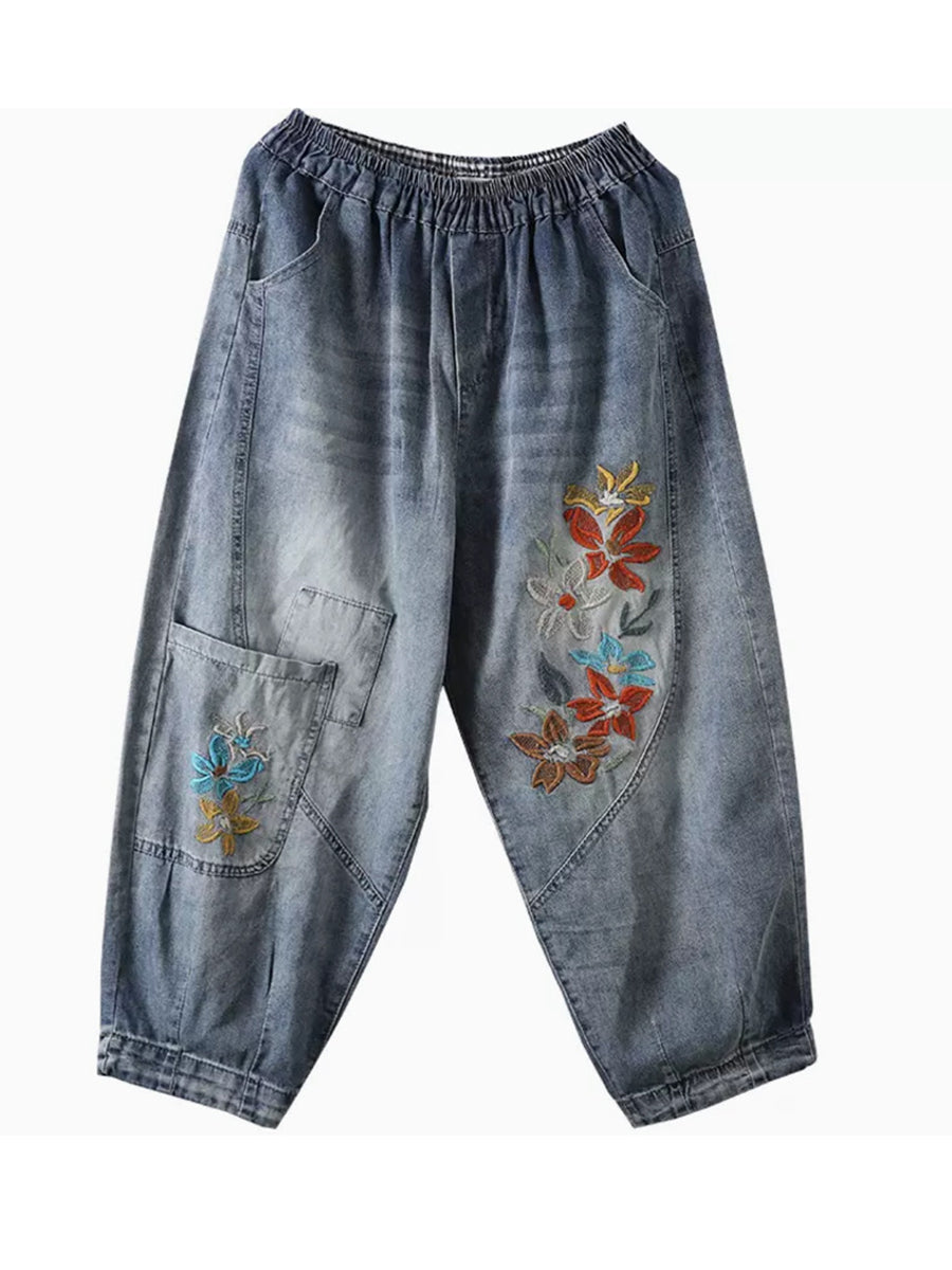 Casual Vintage Flower Embroidery Denim Harem Pants