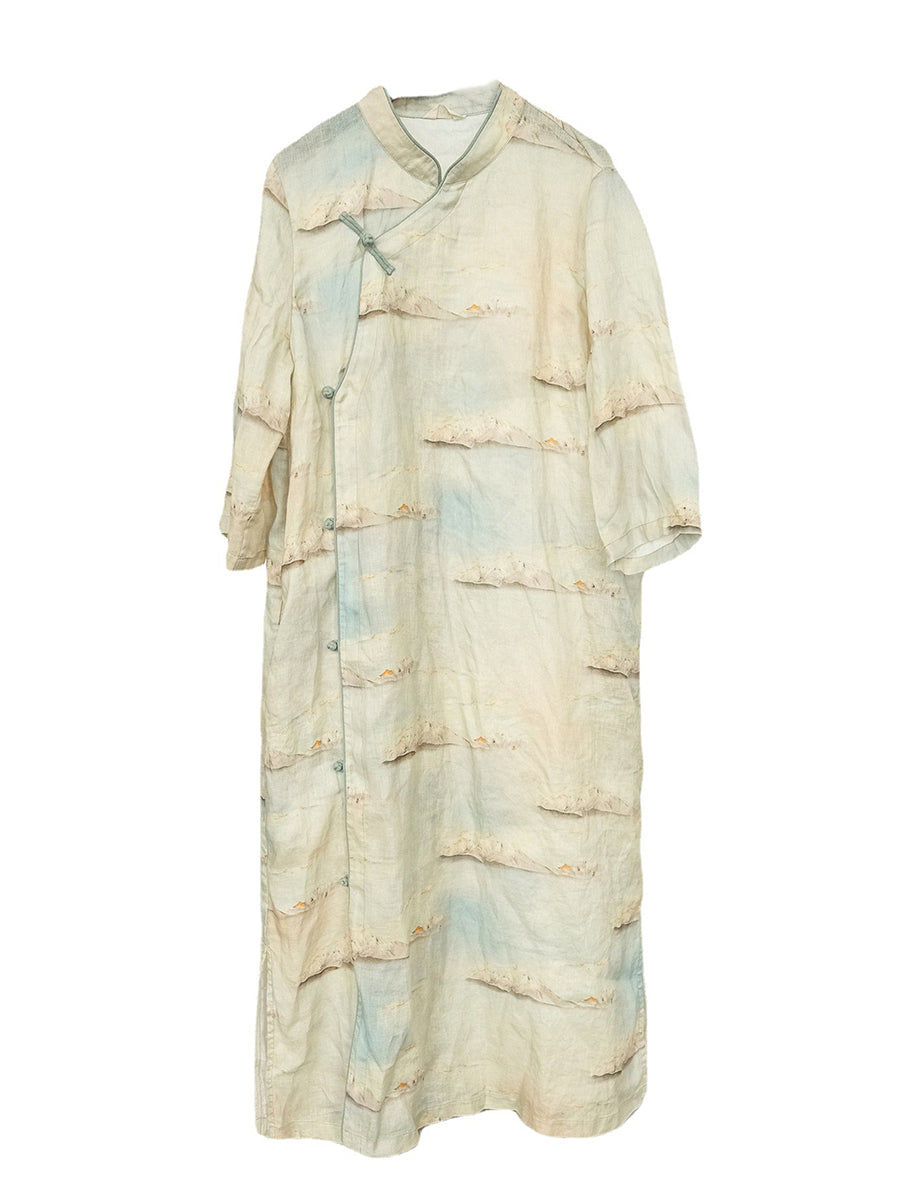 Vintage Print National Cotton Long Robe Dress