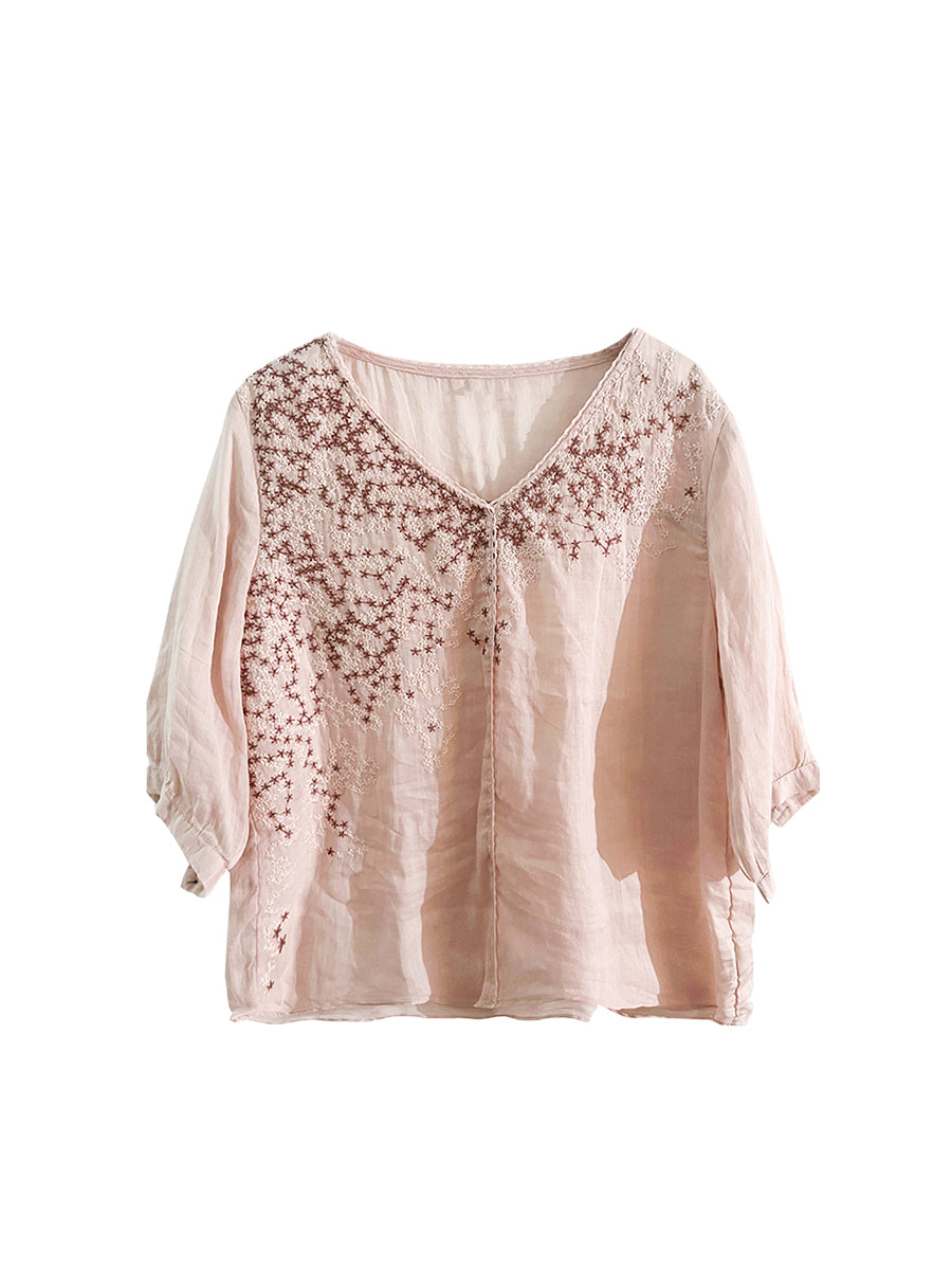 Summer Flower Embroidery Lacework Loose Ramie Shirt