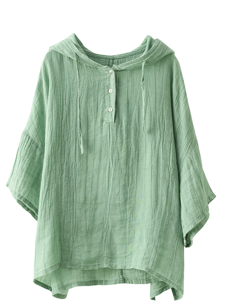 Casual Solid Color Button Drawstring Loose Hooded Shirt