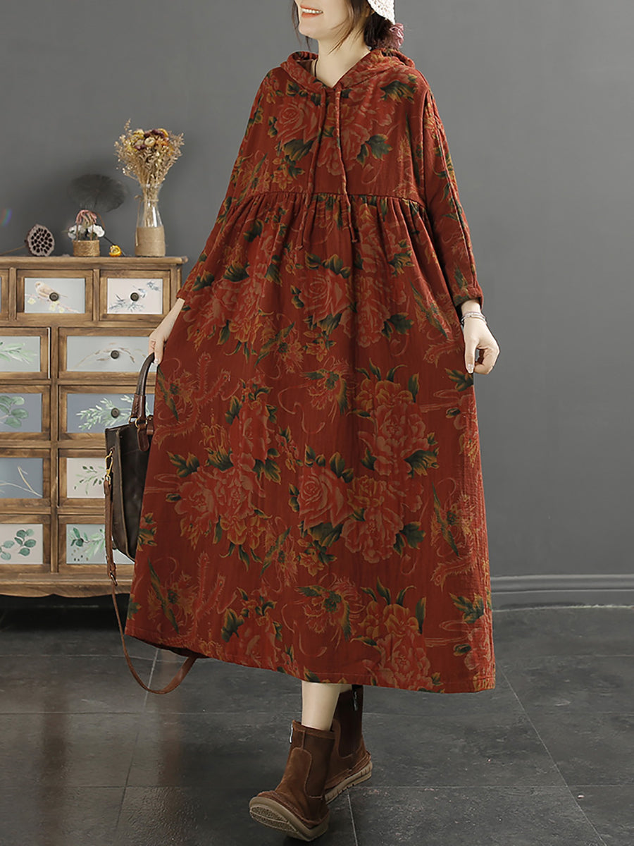 Loose Retro Floral Shirred Hooded Dress Long Sleeve
