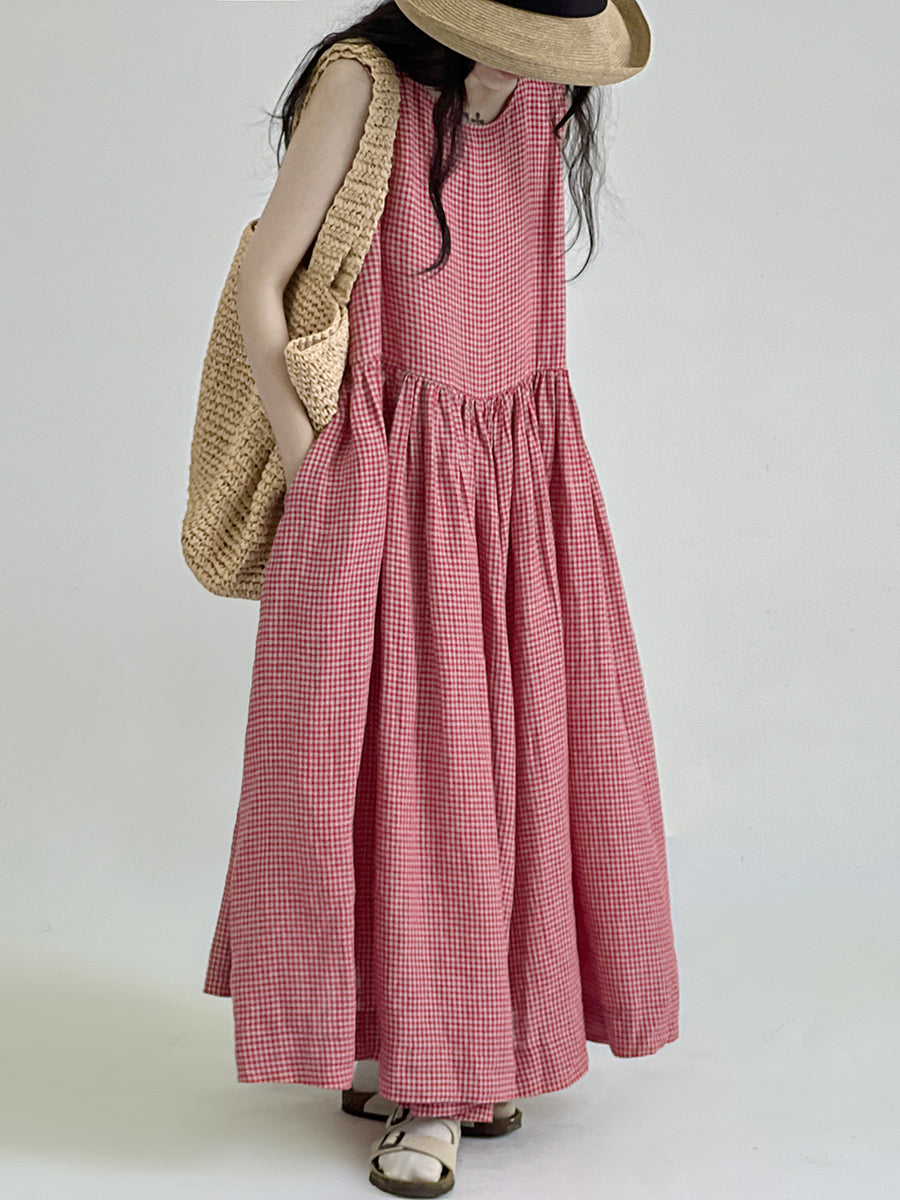 Summer Casual Plaid Pleated Loose Linen Dress