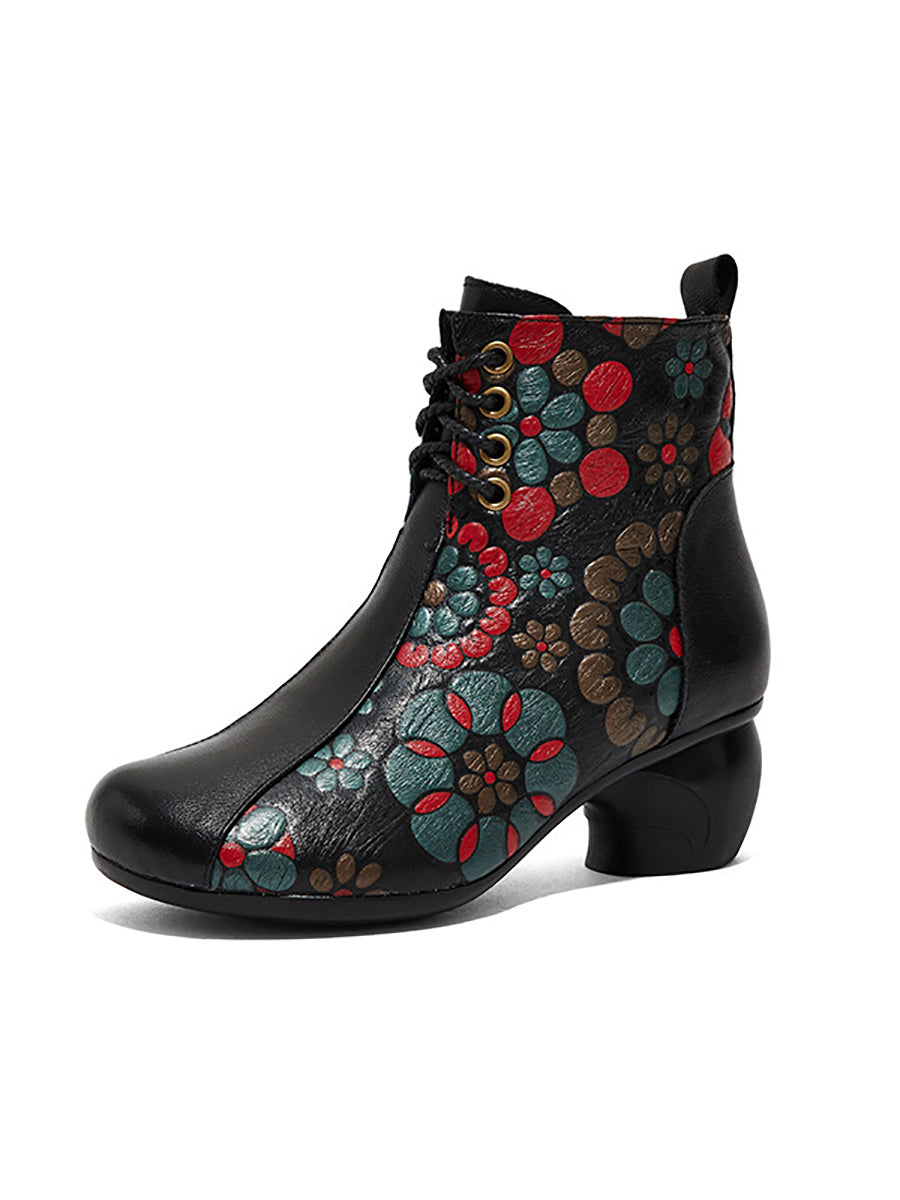 Women Retro Leather Flower Print Chunky Heel Boots