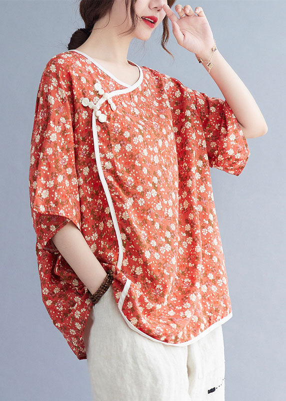 Stylish Orange Retro Print Loose Shirt Half Sleeve Top