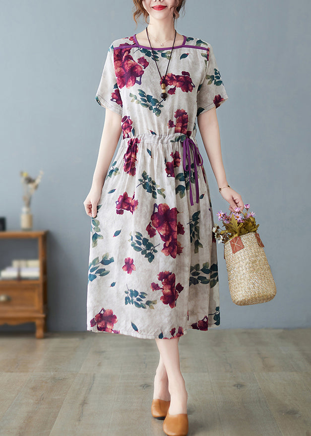 Fashion O-Neck Print Drawstring Tie Waist Long Dress Summer