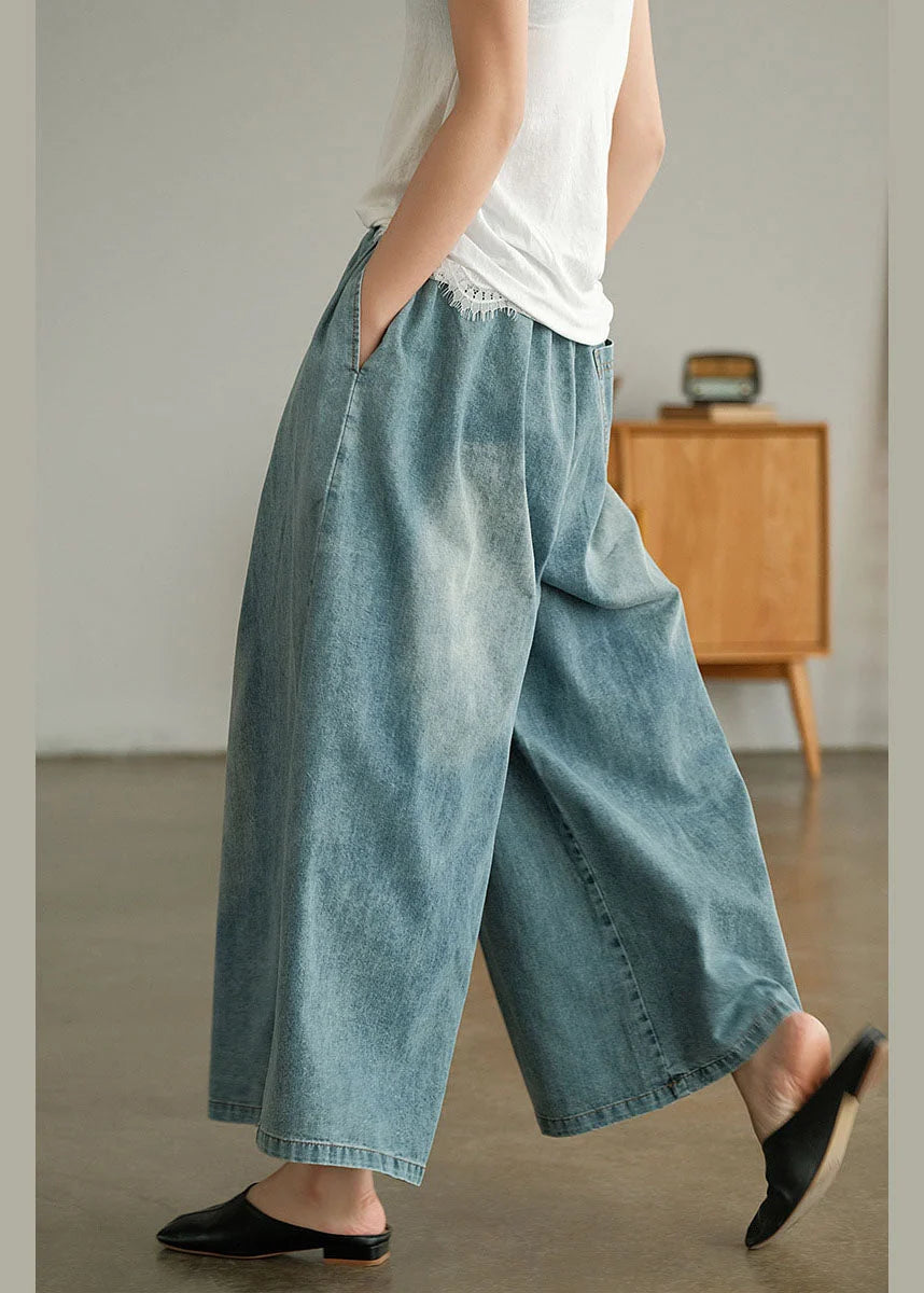 Loose Blue Cinched Pockets Denim Wide Leg Pants