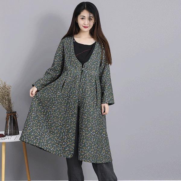 Winter Fashion V-neck Floral Print Cotton Linen Long Coat  Casual Women Outerwear - Omychic