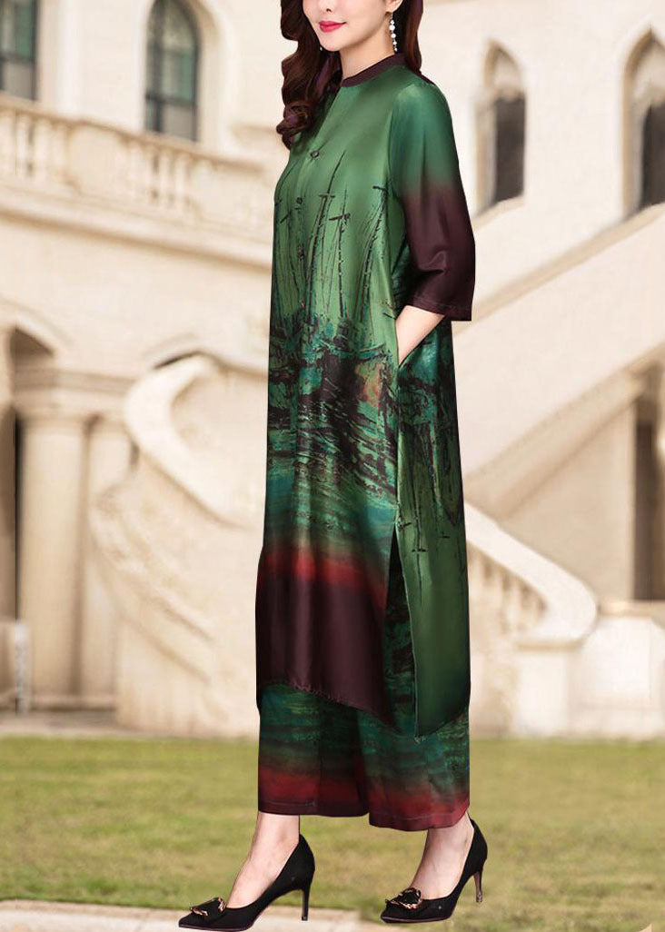 Green Print V Neck Side Open Silk Two Pieces Set