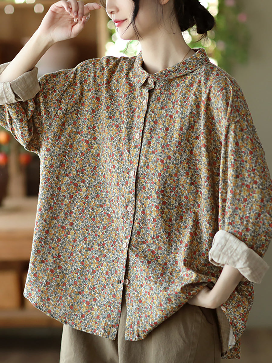 Retro Spring Floral Loose Button T-Shirt