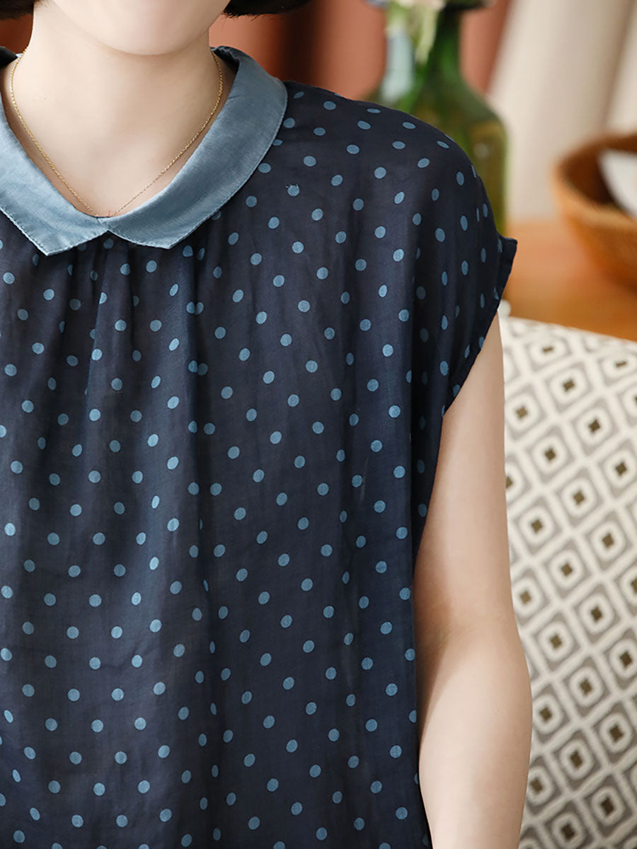 Women Casual Dot Turn-down Collar Sleeveless Ramie Shirt