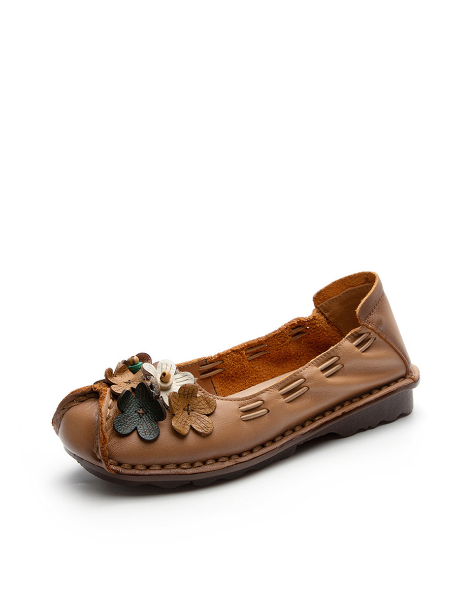 Women Summer Vintage Floral Spliced Leather Flat Shoes