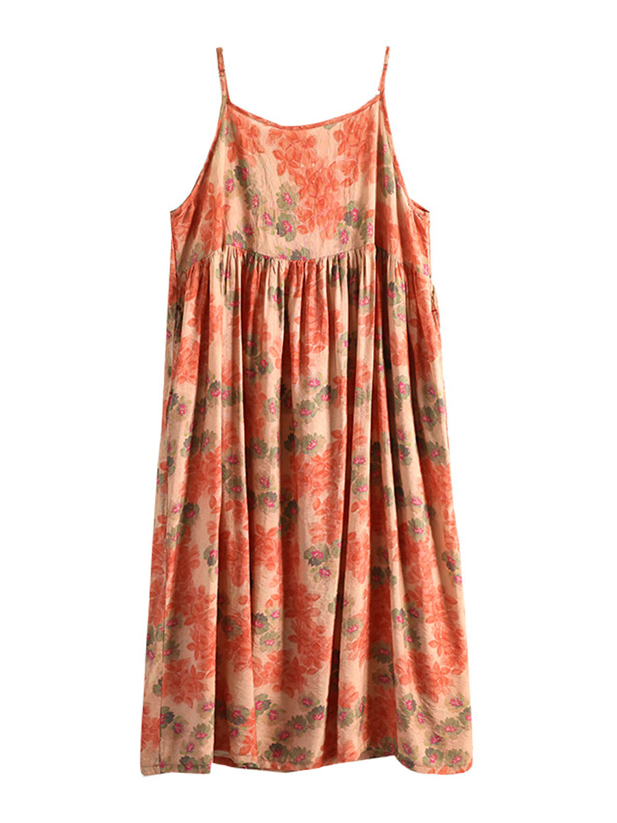Women Summer Vintage Floral Pleated Loose Vest Dress