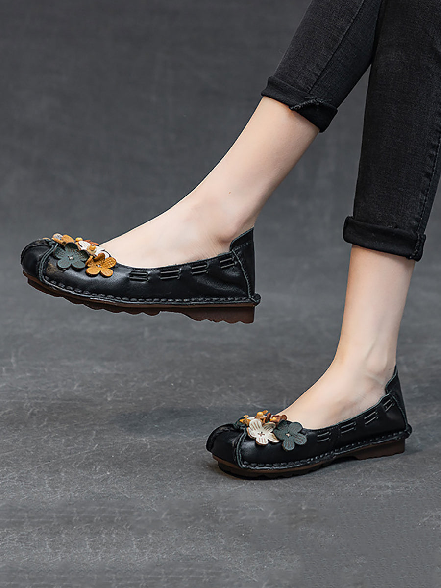 Women Summer Vintage Floral Spliced Leather Flat Shoes