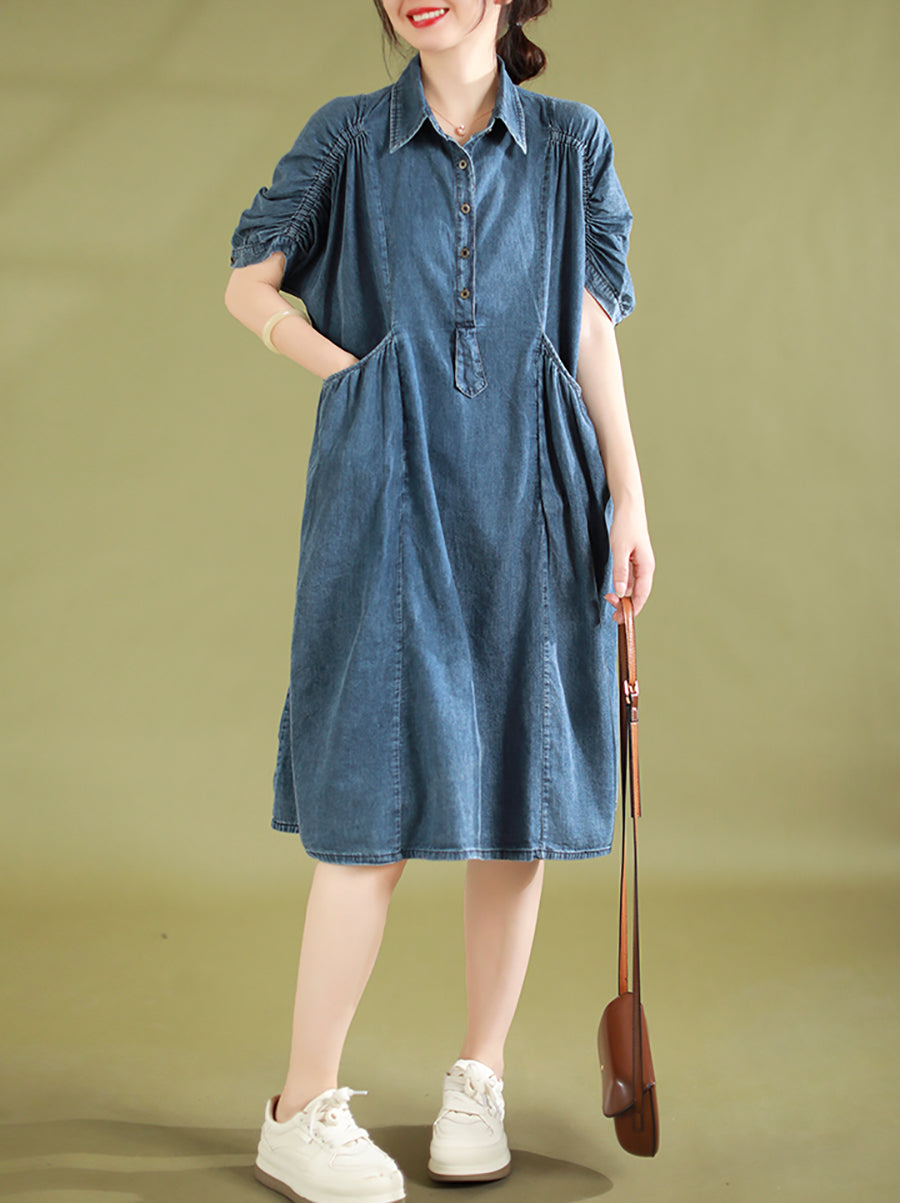 Women Summer Retro Pocket Stitching Button Denim Dress