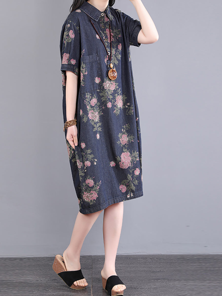 Vintage Flower Print Pocket Loose Button Denim Dress