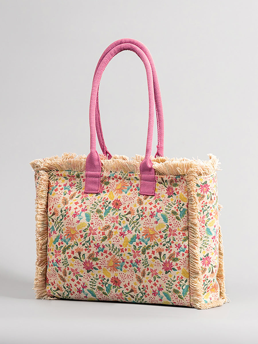 Ethnic Flower Print Raw-edge Canvas Shoulder Bag